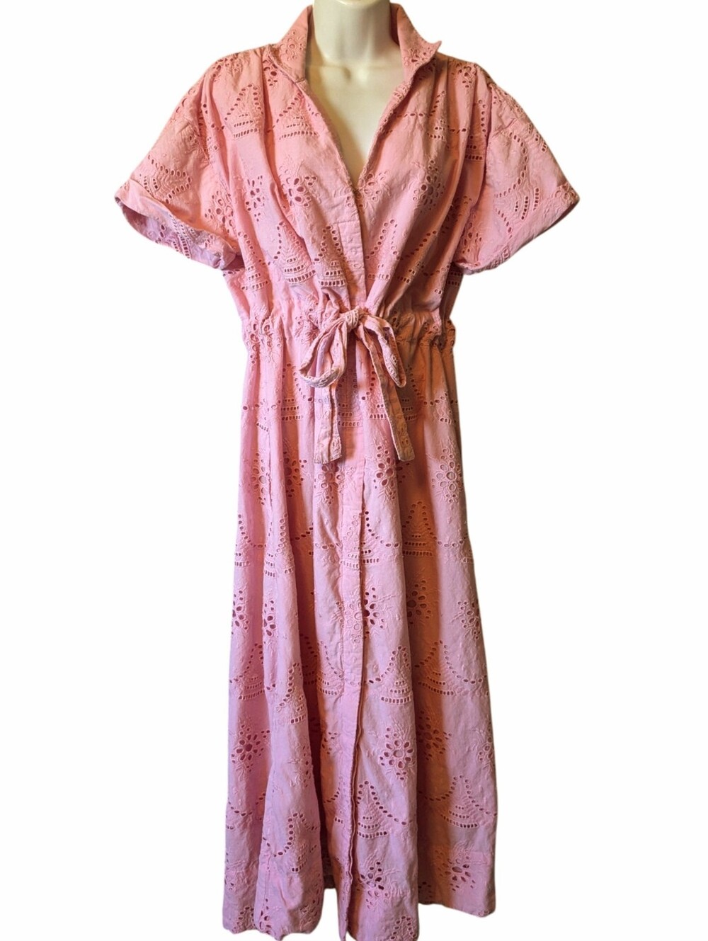 Holly Shae Pink Eyelet Tie-Waist Midi/Maxi Cotton Dress M/L